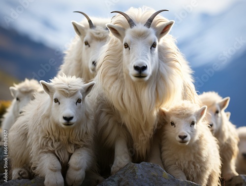 Herd of Mountain Goats on a Rocky Hill