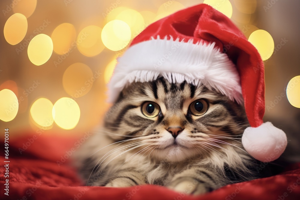 2024 Cat Christmas Card - Cute Cat in Santa Claus Hat on Blurred Christmas Lights Background 2024 Cat Christmas Card - Cute Cat in Santa Claus Hat on Blurred Christmas Lights Background