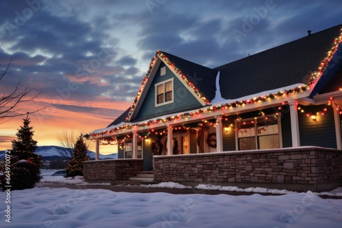 Christmas Lights Adorning Utah Home's Roof Against a Cloudy Daybreak Sky. Festive Holiday Decorations Illuminate Residence.
