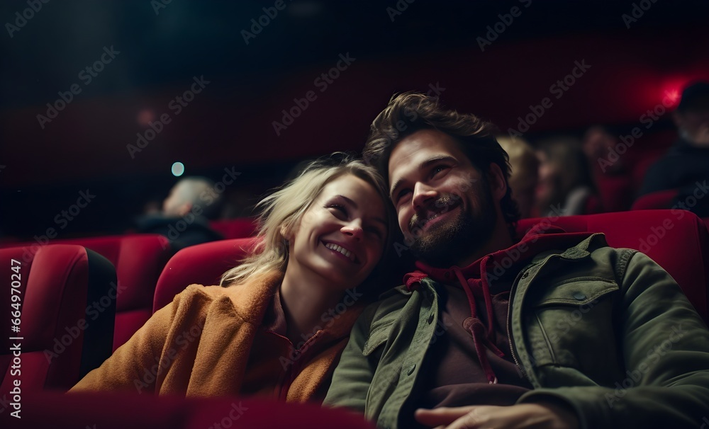 Happy couple has a date at the cinema.