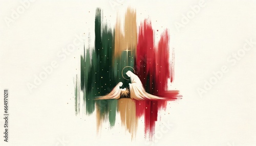 Christmas Nativity Scene Illustration with Mary, Joseph and Baby Jesus