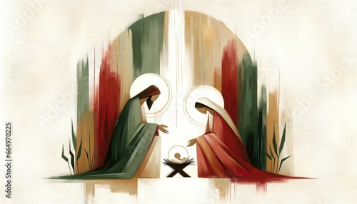 Christmas Nativity Scene Illustration with Mary, Joseph and Baby Jesus