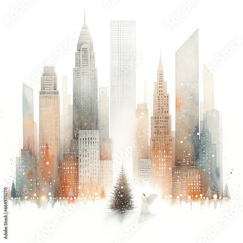 Winter cityscape with Christmas tree and angel silhouette. Watercolor illustration.