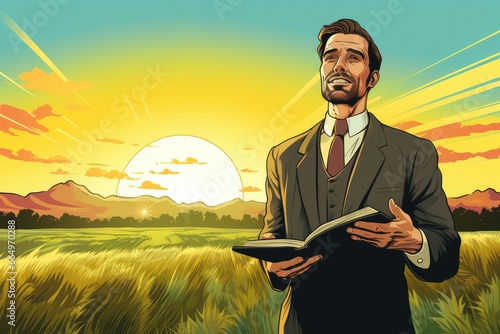 Vector illustration of a preacher reading the bible in a wheat field. photo