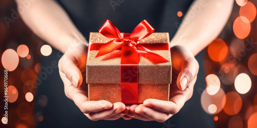 Woman hands holding a gift box for special event. Valentines day, Christmas, Birthday concept.