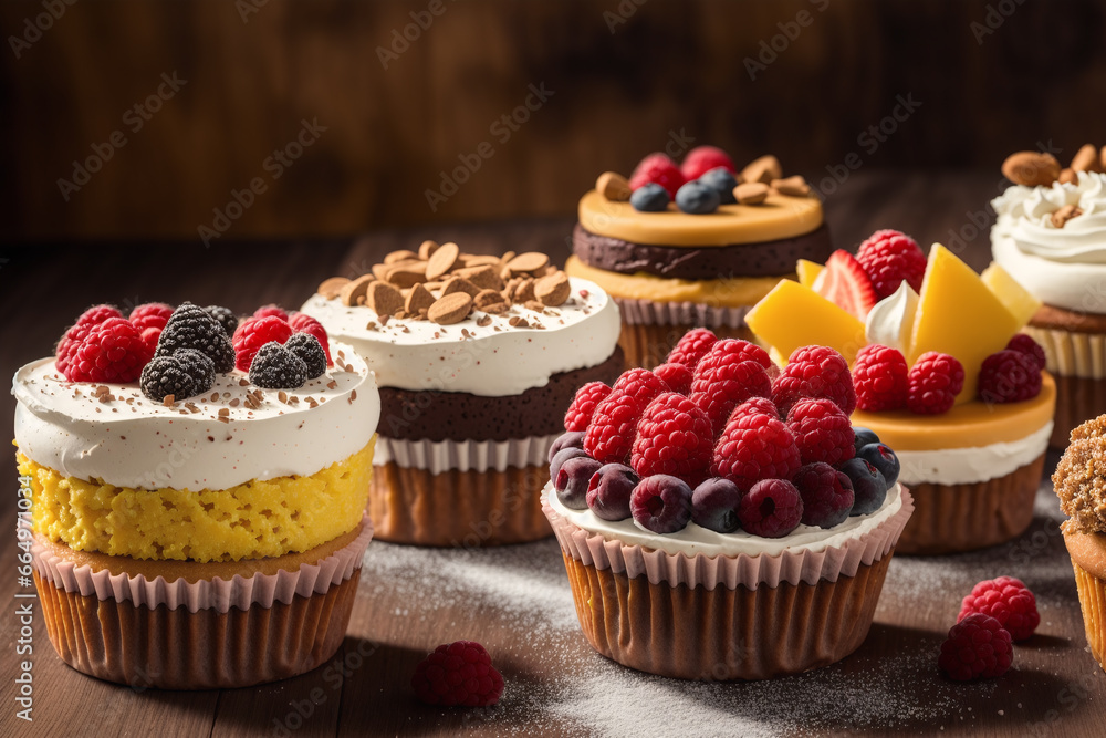 Assortment of cakes with different fillings on a wooden table. Homemade cake. Generative AI
