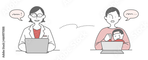 Illustration of a parent and child receiving online medical care/オンライン診療を受ける親子のイラスト素材