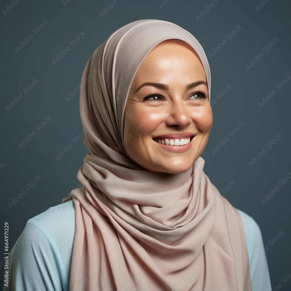 Portrait of a smiling middle aged Muslim woman wearing a hijab on a blue background. Happy middle aged Muslim woman with a smile looking to the side. Cheerful woman with shiny white teeth. Portrait of a smiling middle aged Muslim woman wearing a hijab on a blue background. Happy middle aged Muslim woman with a smile looking to the side. Cheerful woman with shiny white teeth.