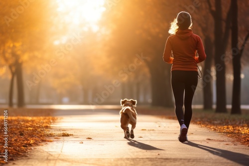 A person jogging with their dog as a fun way to exercise photo