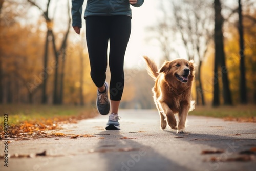 A person jogging with their dog as a fun way to exercise photo