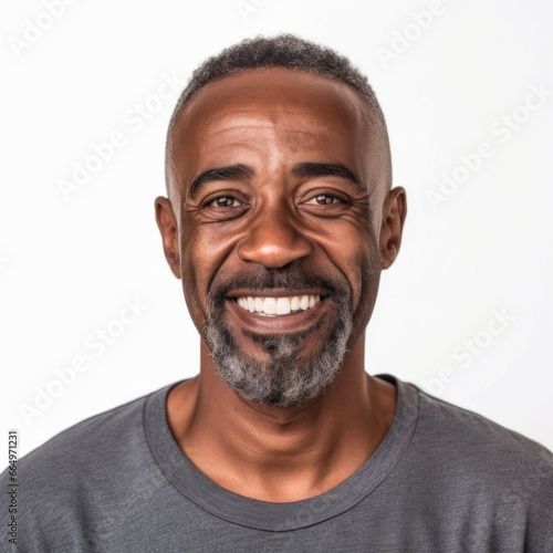 Portrait of a smiling middle aged Latin man with black hair. Closeup face of a handsome middle-aged Latin American man smiling at camera on white background. Front view, happy senior man in gray shirt