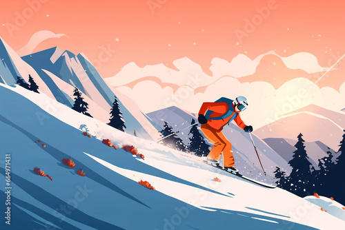 Winter solstice solar term, winter outdoor skiing exercise concept illustration