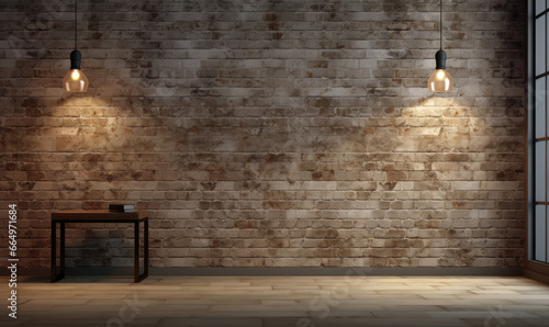 Brick wall, concrete floor and lamps background 3d render. © Sri