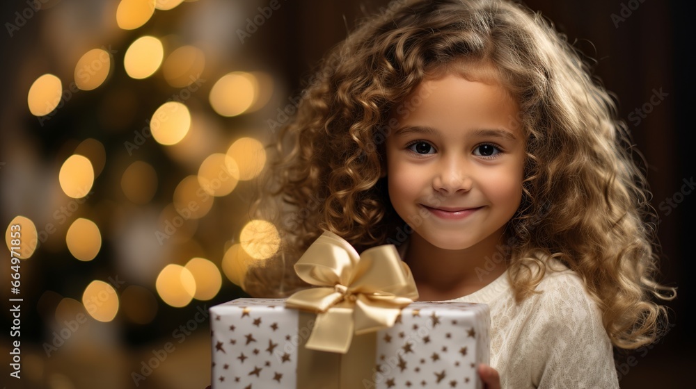A cute little girl holding a christmas present close to the tree, Generative AI A cute little girl holding a christmas present close to the tree, Generative AI