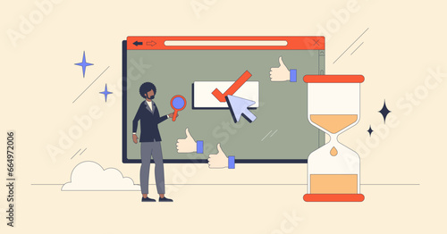 Conversion rate optimization to improve website efficiency retro tiny person concept. Business marketing campaign with targeted audience for best results vector illustration. CRM and lead management.