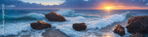 Panorama of a sunset over the ocean with waves crashing on the shore and several big stones in the water. Seascape illustration with sand beach, cloudy sky and setting sun. Generative AI