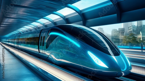 A high-speed maglev train, demonstrating the concept of Hyperloop transport. Generative AI