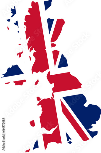 A contour map of Great Britain. Graphic illustration on a white background with the national flag superimposed on the country's borders