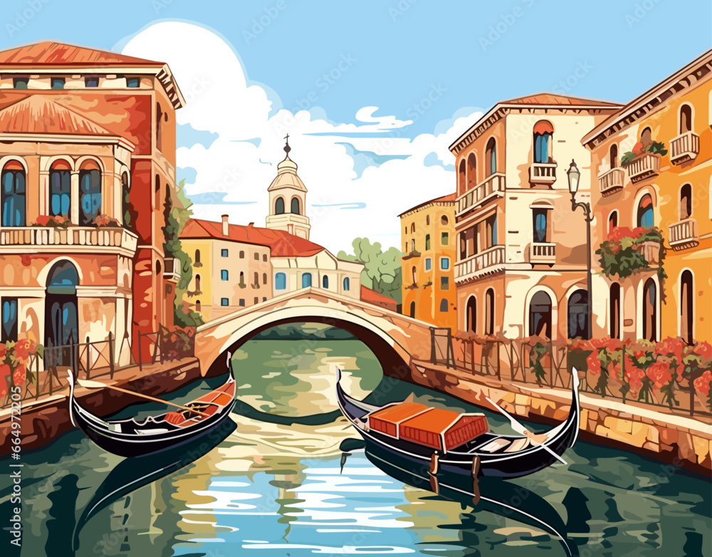 Obraz premium Vibrant Venice light and shadow create a breathtaking picture. Ornate buildings, cascading flowers, and gondolas reflect the citys splendor. A graceful stone bridge stands at the center.