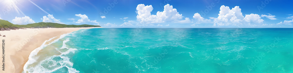 Panorama of ocean beach on a sunny day with waves crashing on the shore. Seascape illustration with sand beach, turquoise water, sun and sky with clouds. Generative AI