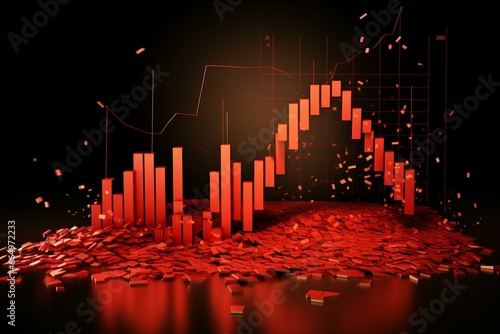 Dynamic chart shows stock markets in downtrend on red background. Represents financial stagnation, recession, crisis, business crash, and economic collapse. 3D rendering. Generative AI