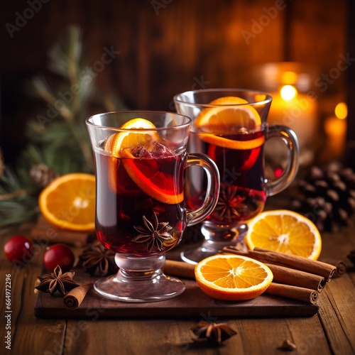 Two glasses of mulled wine with oranges and spices on wooden background