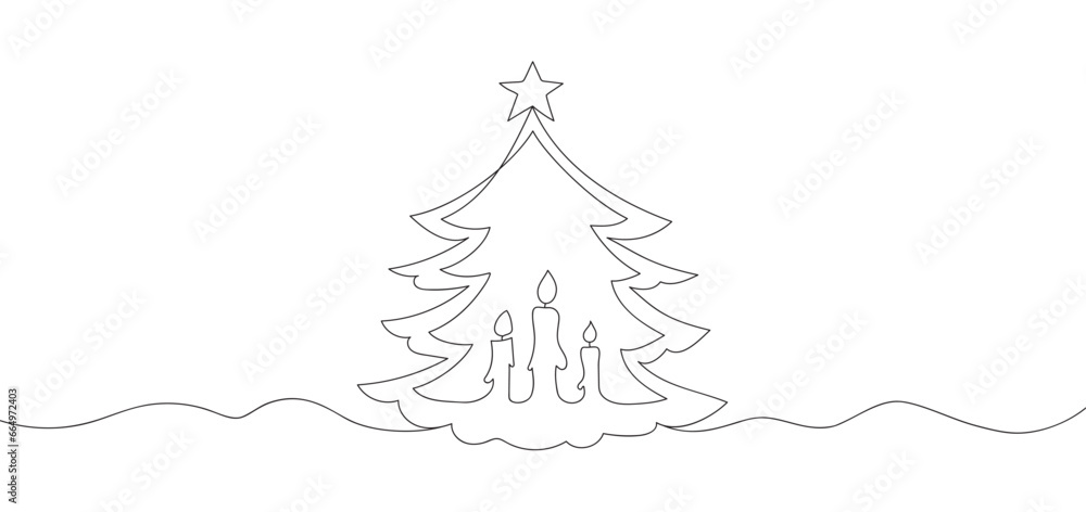 Christmas line art banner. Christmas tree with candles in continuous line style. Outline drawing Christmas tree for the New Year and Christmas