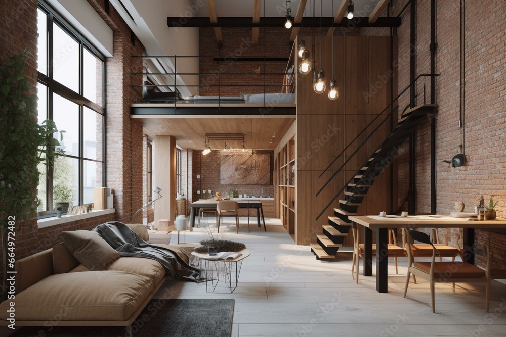 A contemporary loft-style studio apartment with wooden columns, brick, marble, and wood accents, stylish furniture, and white walls. Generative AI