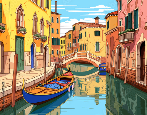 In a warm Venetian canal, gothic windows and ornate balconies showcase the citys rich history. Vibrantly colored boats float on mirror-like water, reflecting the skys pastel shades.