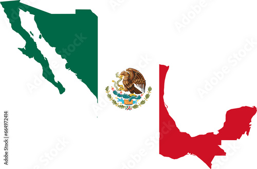 A contour map of Mexico. Graphic illustration on a white background with the national flag superimposed on the country's borders