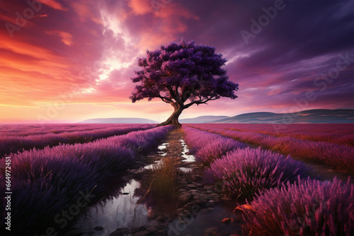 Stunning lavender field landscape Summer sunset