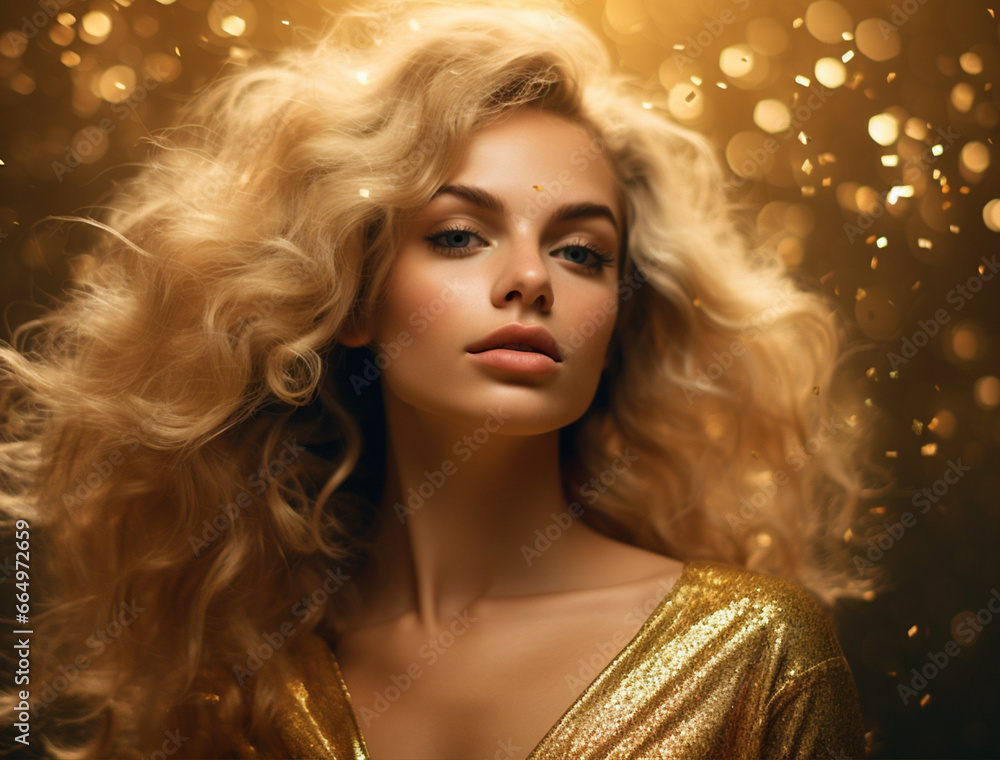 Beautiful caucasian young woman in an elegant evening dress with beautiful makeup and golden confetti and dust flying. AI generated