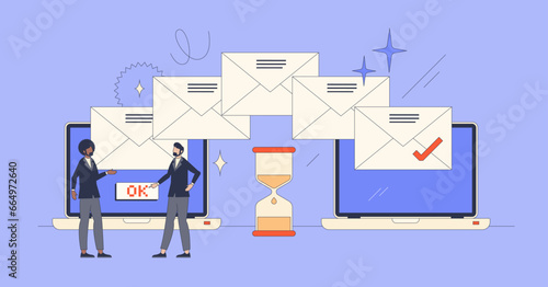 Email automation and message letters sending tool retro tiny person concept. Use mail software as effective and fast service for marketing information distribution to customers vector illustration.