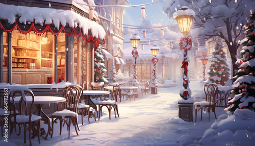 Cozy Winter Wonderland, Festive Christmas Coffee Shop in Snowy Street