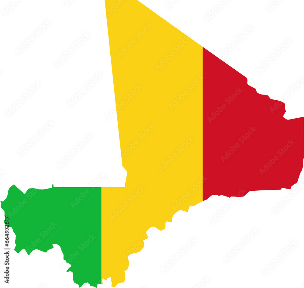 Obraz premium A contour map of Mali. Graphic illustration on a white background with the national flag superimposed on the country's borders