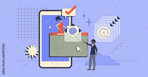 Digital communication era and email messaging retro tiny person concept. Send mail letters to customers with business offer as part of information campaign vector illustration. Information management