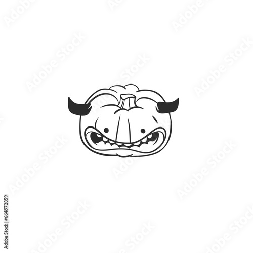 Hand drawn vector abstract graphic,black , line art Jack O lantern happy Halloween pumpkin face outline isolated. Halloween Character outline autumn design concept. Scary horror Halloween symbol icon.