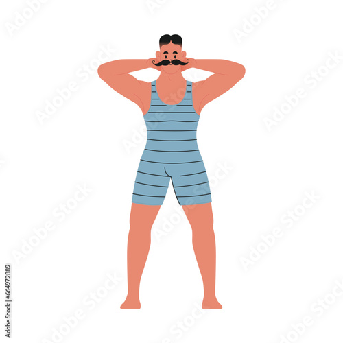 Modern flat vector illustration of young male with mustache standing front, arms behind his head, wearing blue vintage swim suit isolated on white background