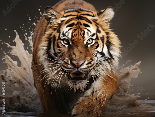 Portrait of a Ferocious Tiger Running Over the Mud