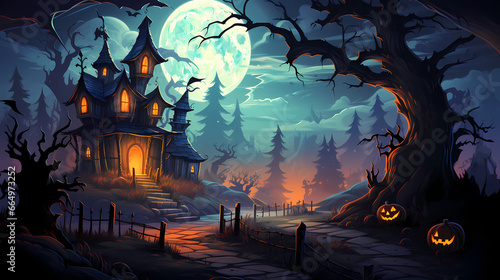 Halloween night scene haunted house in a forest large moon in the sky