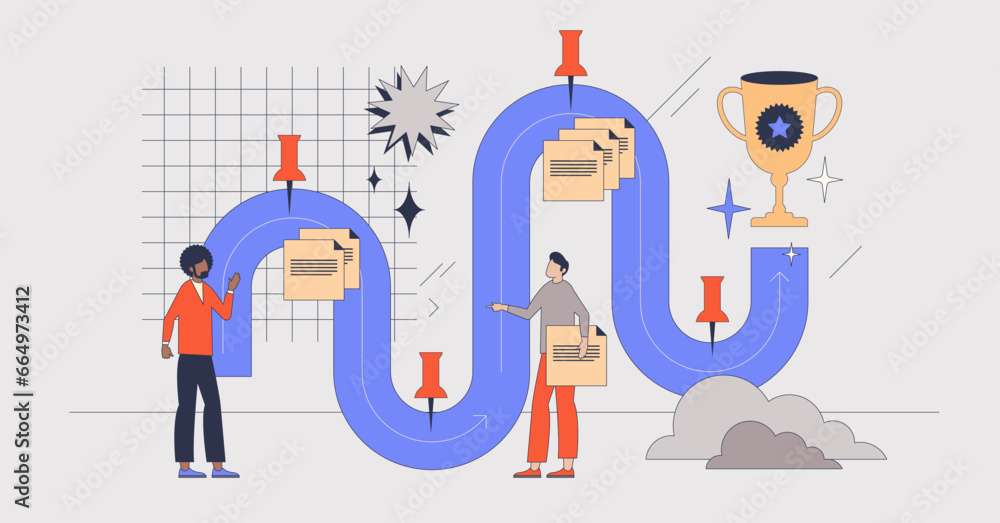 Customer journey optimization with improved process retro tiny person concept. Buyer purchase steps in shopping path vector illustration. Business ads strategy and efficient interaction with client.