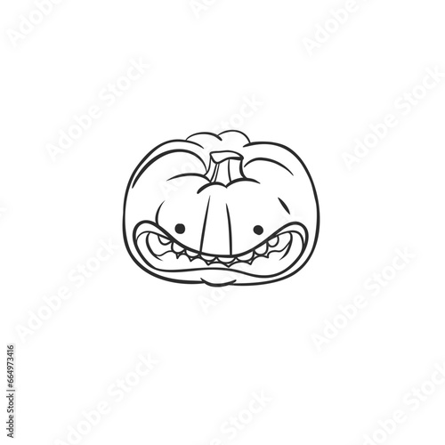 Hand drawn vector abstract graphic,black , line art Jack O lantern happy Halloween pumpkin face outline isolated. Halloween Character outline autumn design concept. Scary horror Halloween symbol icon.