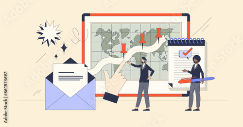 Email tracking tool for message efficiency analysis retro tiny person concept. Track location for open mail letters to analyze targeted advertisement vector illustration. Web service management.