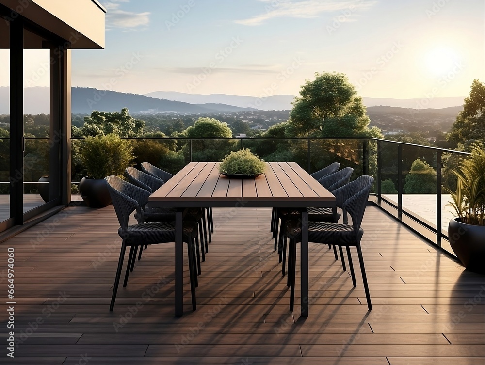 Fototapeta premium Modern terrace with large dining table and wooden floor in front of house generative ai