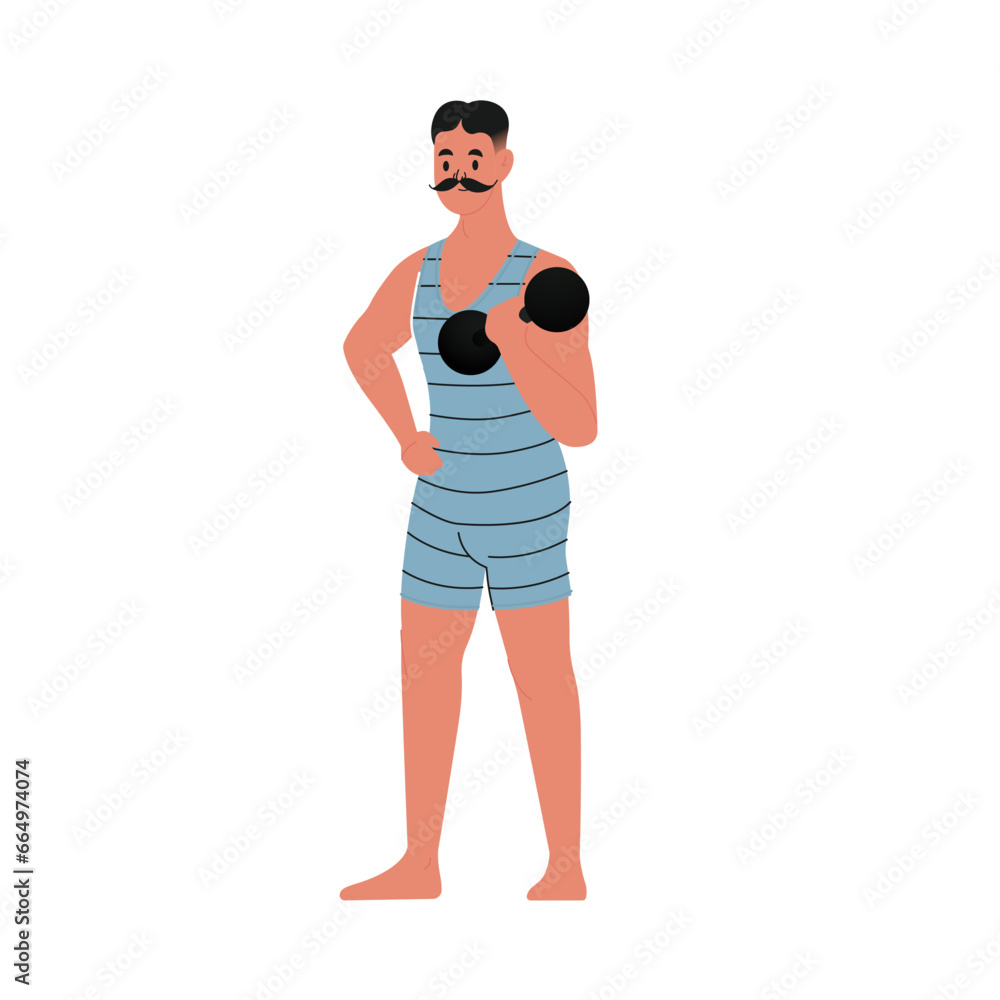 Modern flat vector illustration of young male standing with mustache showing his biceps and holding dumbbell, wearing blue vintage swim suit isolated on white background Modern flat vector illustration of young male standing with mustache showing his biceps and holding dumbbell, wearing blue vintage swim suit isolated on white background