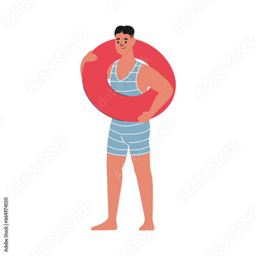 Modern flat vector illustration of young male standing with red swim tube, wearing blue vintage swim suit isolated on white background
