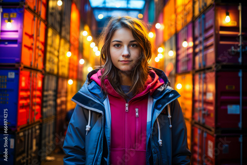 Teenage girl in front of neon-lit port with cranes and containers.