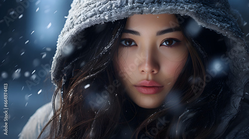 Snowy Serenity, Close-Up Portrait of Asian Woman Embracing Winter Wonderland