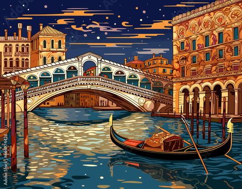 Venetian bridge with detailed buildings nearby. A gondola floats on the canal as evening comes.