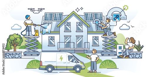 Maintenance and optimal use of solar panels energy production outline concept. Efficiency improvement with cleaning and correct angle adjustment vector illustration. Power check and roof control.